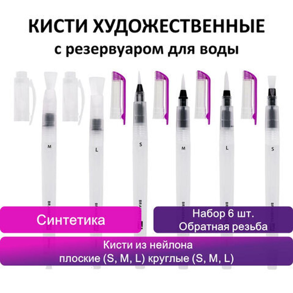 Кисти художественные с резервуаром для воды, синтетика, набор 6 шт., BRAUBERG ART DEBUT, 200965