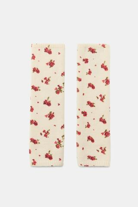 ZARA МИТЕНКИ ТРИКОТАЖНЫЕ С ЦВЕТОЧНЫМ ПРИНТОМ, ЭКРЮ