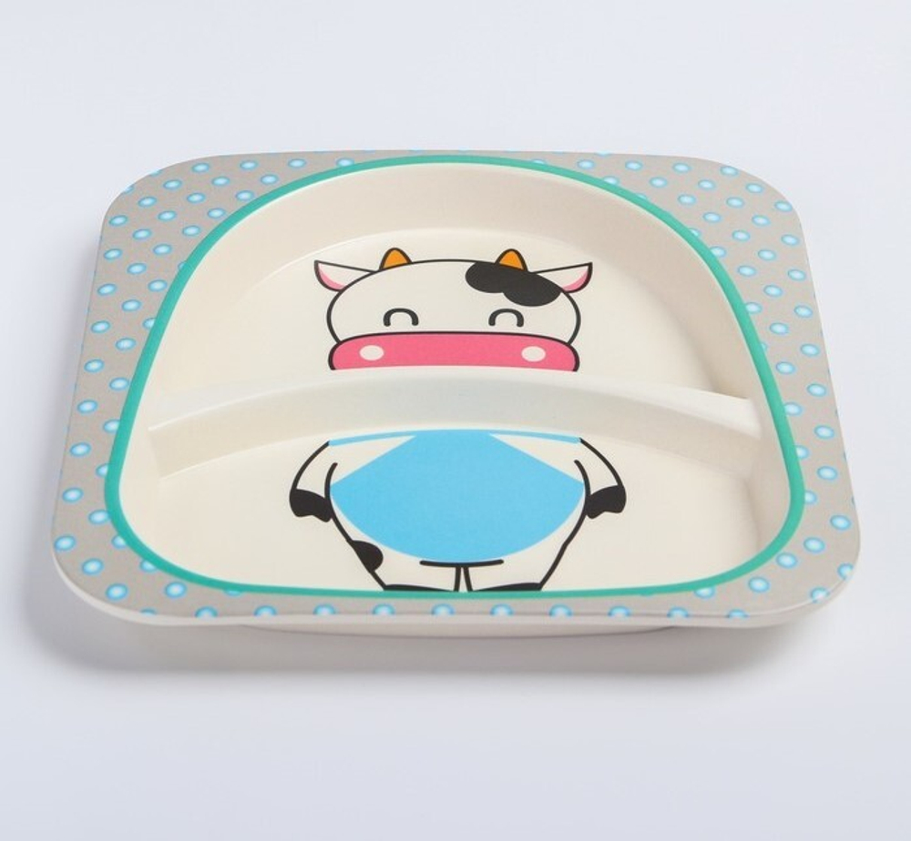 4611371 Набор бамбуковой посуды "Коровка", тарелка, миска, стакан, приборы, 5 предметов