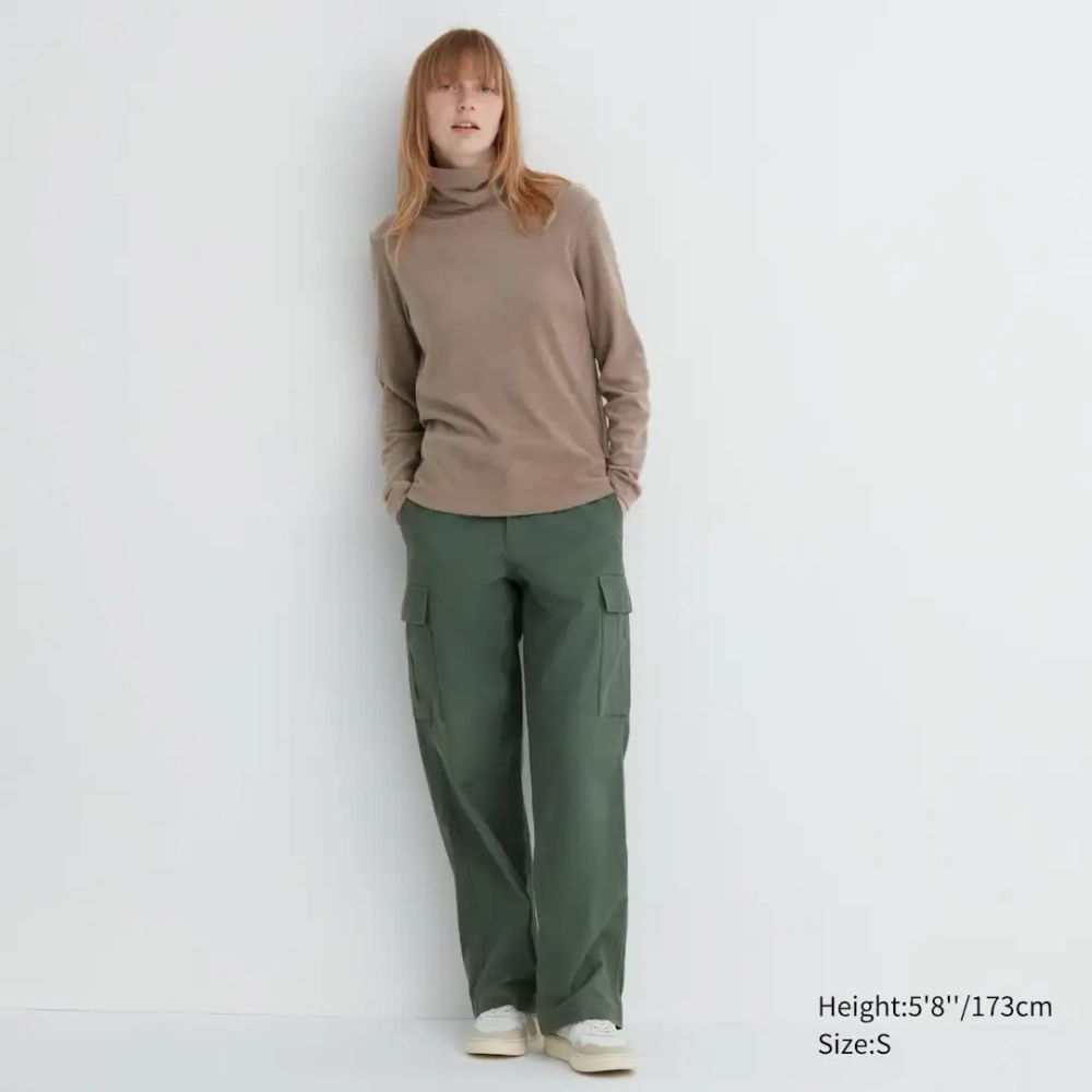 UNIQLO ТОП ИЗ ФЛИСА HEATTECH С ВЫСОКИМ ВОРОТНИКОМ И ДЛИННЫМИ РУКАВАМИ, БЕЖЕВЫЙ