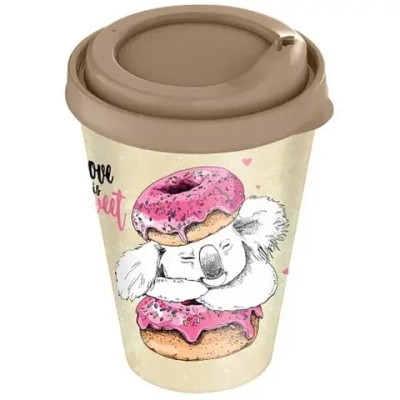 Стакан с крышкой 420мл «IZI-GO» с декором (бежевый)