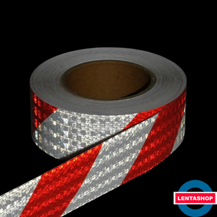 Бело-красная диагональ светоотражающая лента 5 см х 25 м