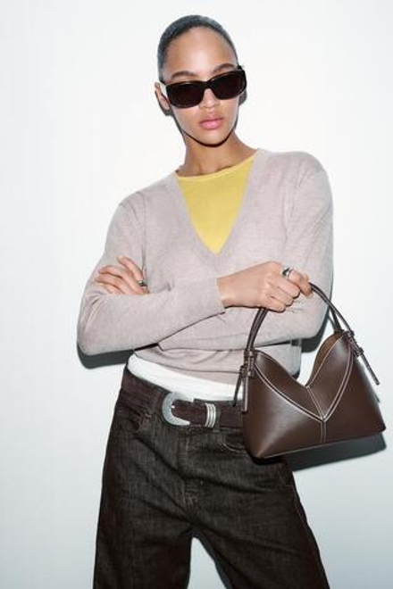 ZARA МИНИ-СУМКА-МЕШОК С ДЕКОРАТИВНОЙ СТРОЧКОЙ, ШОКОЛАДНЫЙ