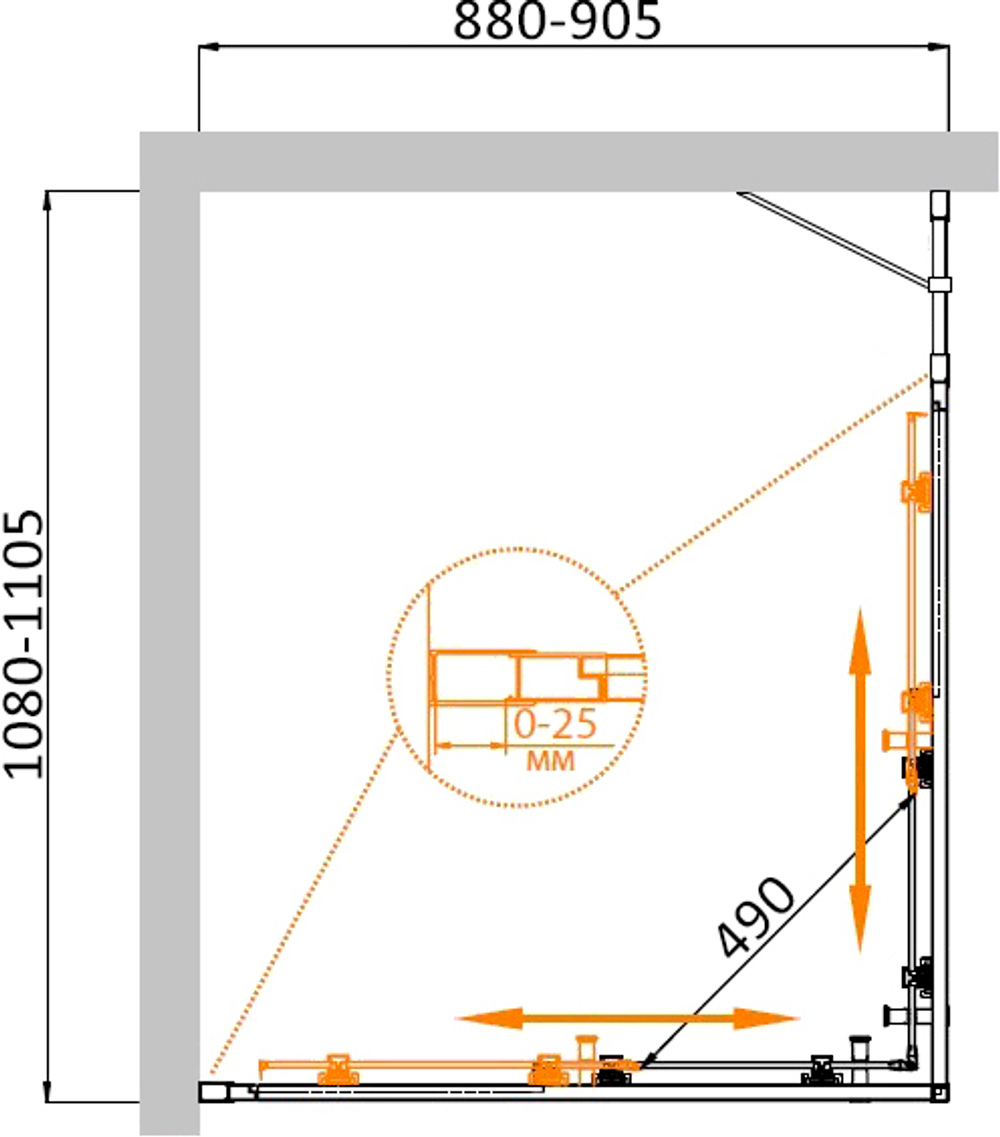 Душевой уголок Cezares MOLVENO-AH-21-90+20-C-BORO-IV, 110х90х195, профиль брашированное золото, прозрачное стекло