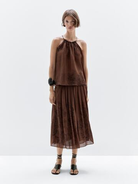 Massimo Dutti Юбка миди А-силуэта с цветочным принтом, шоколадный