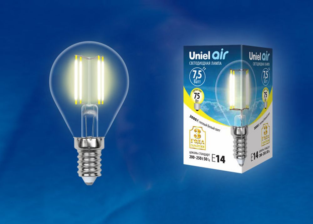 LED-G45-7,5W/WW/E14/CL GLA01TR Лампа светодиодная. Форма шар, прозрачная. Серия Air. Теплый белый свет (3000K). Картон. ТМ Uniel