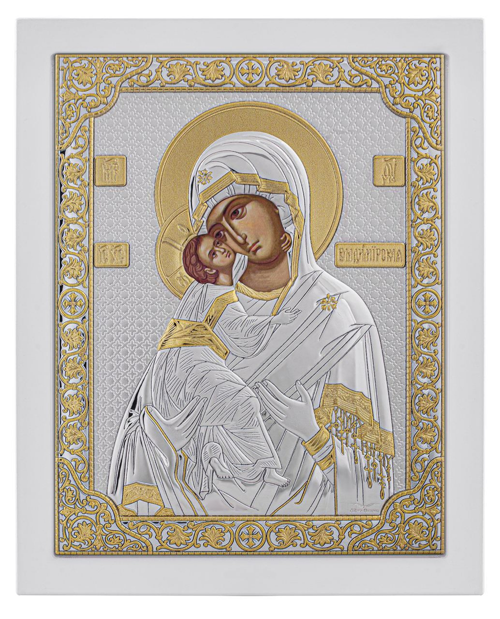 Владимирская БМ, икона прямоугольная с рамкой, белое дерево 210х260