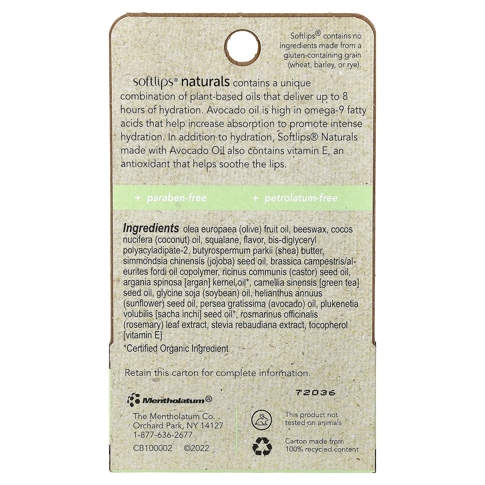 Softlips, Naturals, бальзам для губ с маслом авокадо, мед и мята, 2 стика по 4,2 г (0,15 унции)