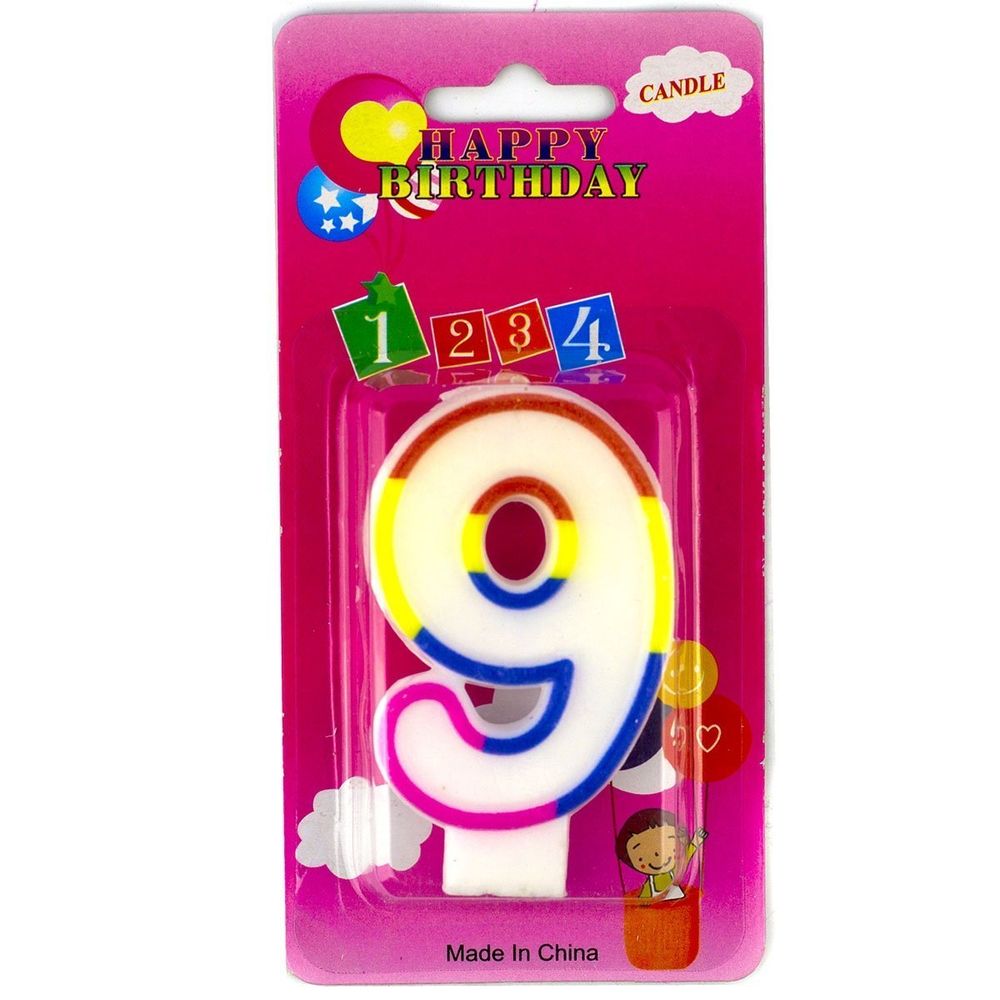 Свеча для торта с держателем Alingar, 7,0 см, "Цифра 9", белый цвет, цветная окантовка, блистер с европодвесом