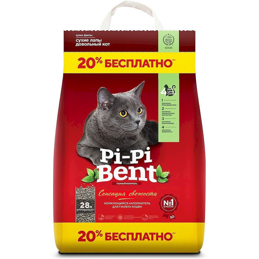 Наполнитель Pi-Pi-Bent Сенсация свежести для кошачьего туалета, комкующийся, пакет 10+2 кг ПРОМО