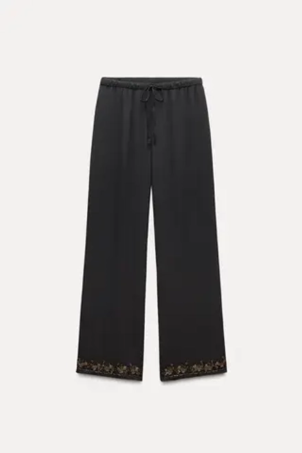 ZARA СТРУЯЩИЕСЯ БРЮКИ С БИСЕРОМ — ZW COLLECTION, ТЕМНО-СЕРЫЙ