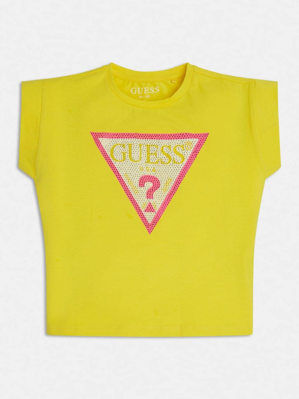 Футболка GUESS Ярко-желтый/Принт: ярко-розовый треугольник-логотип/Стразы Девочка