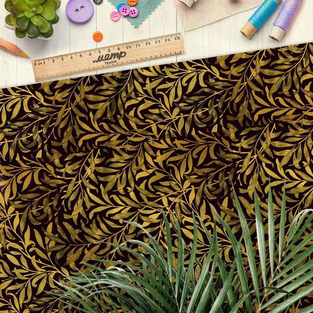 Ткань шелк Армани золотые водоросли на чёрном фоне
