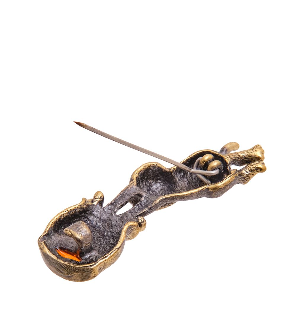 AM-3466 Брошь «Котенок на рыбалке» (латунь, янтарь)
