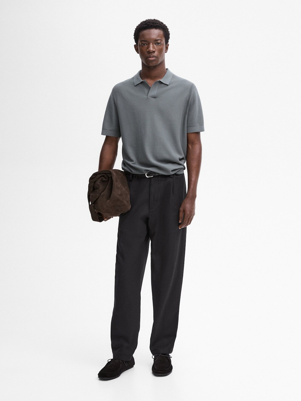 Massimo Dutti Хлопковый свитер с воротником поло и короткими рукавами, водянисто-зеленый