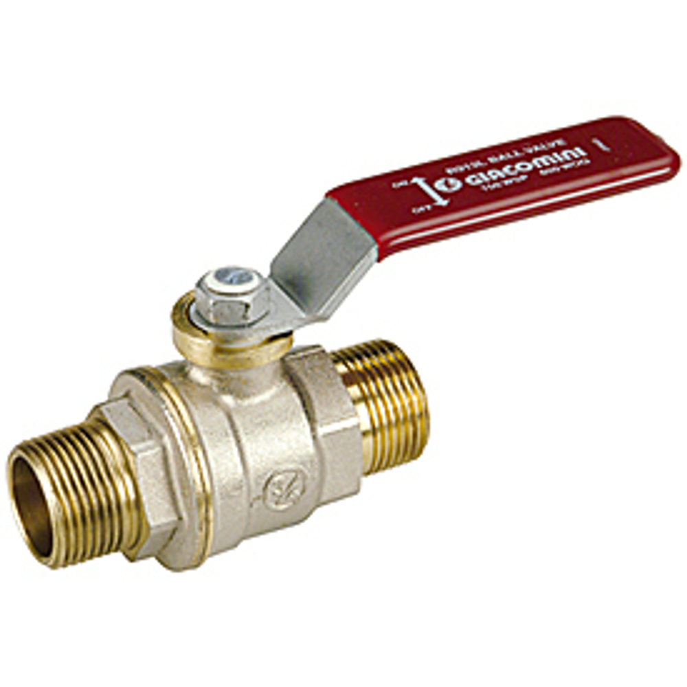 Кран шаровой полнопроходной Giacomini R913L - 1/2" (НР/НР, PN42, Tmax 185°C, ручка-рычаг красная)