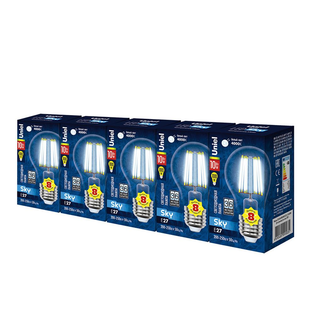 LED-A60-10W/NW/E27/CL PLS02WH Набор из 5штук Лампа светодиодная. Форма A прозрачная. Серия Sky. Белый свет 4000K. Uniel