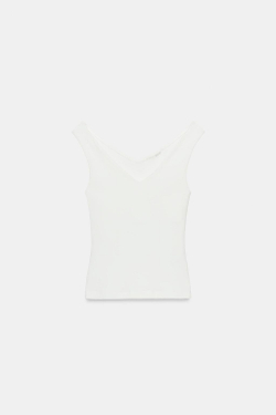 ZARA ФУТБОЛКА С ОТКРЫТЫМИ ПЛЕЧАМИ, ЖЕЛТОВАТО-БЕЛЫЙ