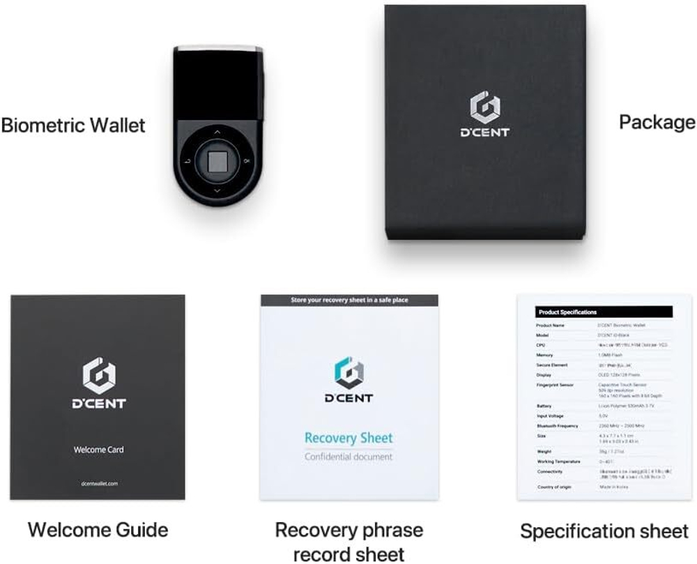 D'CENT Biometric Wallet — Биометрический аппаратный кошелек с Bluetooth Холодное хранилище для Bitcoin, Ethereum, XRP, Solana и других активов