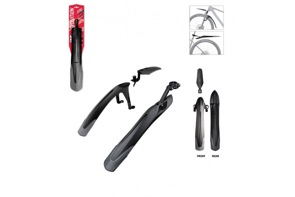 Крылья EVOLUTION MTB 24-29", комплект передне/заднее, крепеж: переднее двусоставное на штаны вилки и в шток вилки, заднее за подседельный штырь; для покрышки max 2.5", пластиковые, серо-черные
