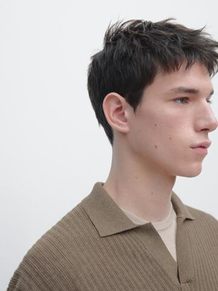 Massimo Dutti Трикотажный свитер из смесового хлопка с воротником-поло, хаки