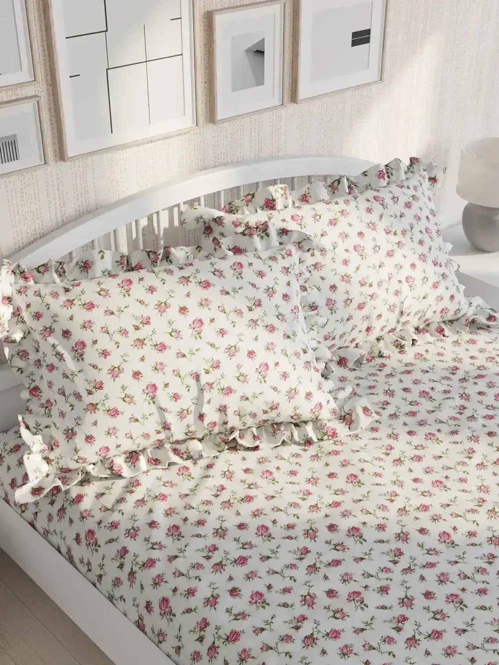 Декоративная наволочка с рюшами, оборками "Розовые бутоны" 50х70 см, 1 шт, без молнии