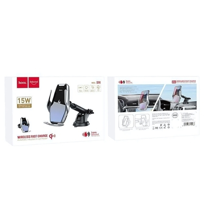 Держатель автомобильный HOCO S14 с беспроводной зарядкой, зажимной, на присоске Silver