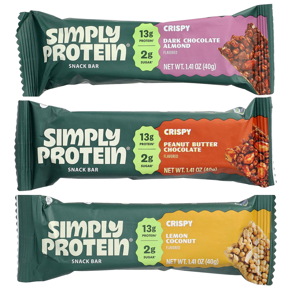 Simply Protein, хрустящие батончики-снеки, ассорти вкусов, 12 батончиков по 40 г (1,41 унции)