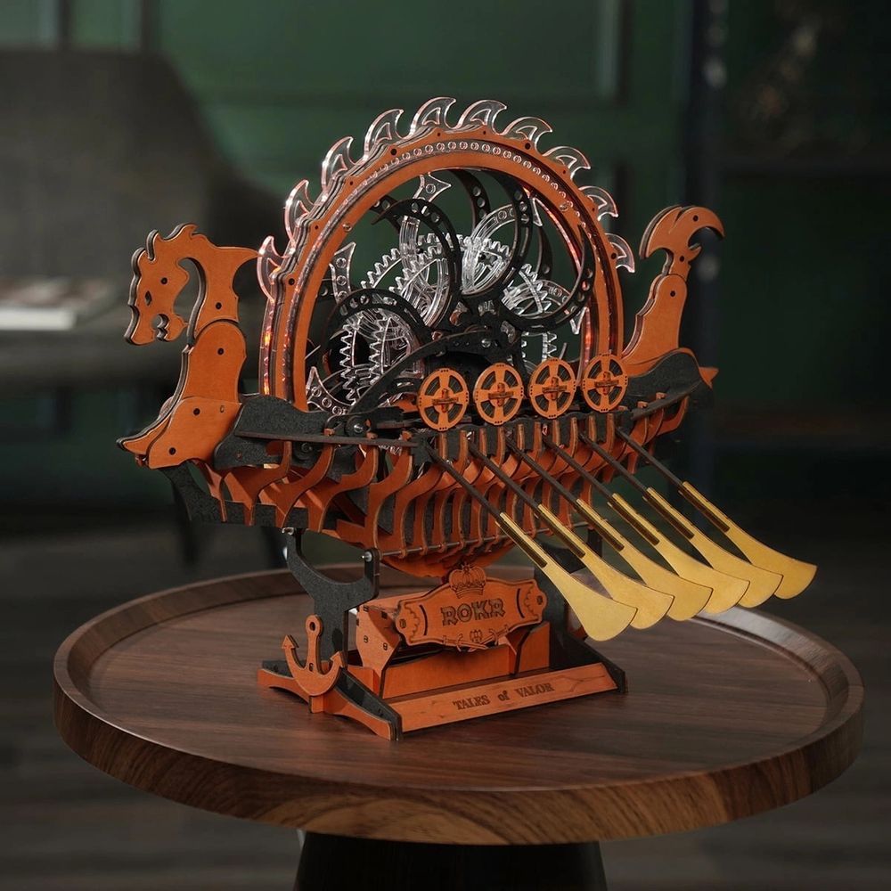 Деревянный механический конструктор Корабль Викингов Дракон LK802 с подсветкой (ROKR)