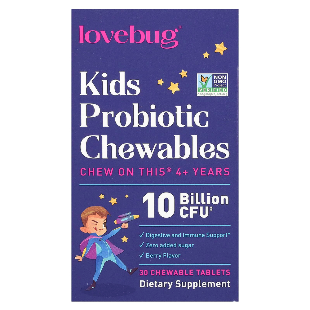 LoveBug Probiotics, пробиотики для детей, от 4 лет, с ягодным вкусом,10 млрд КОЕ, 30 жевательных таблеток