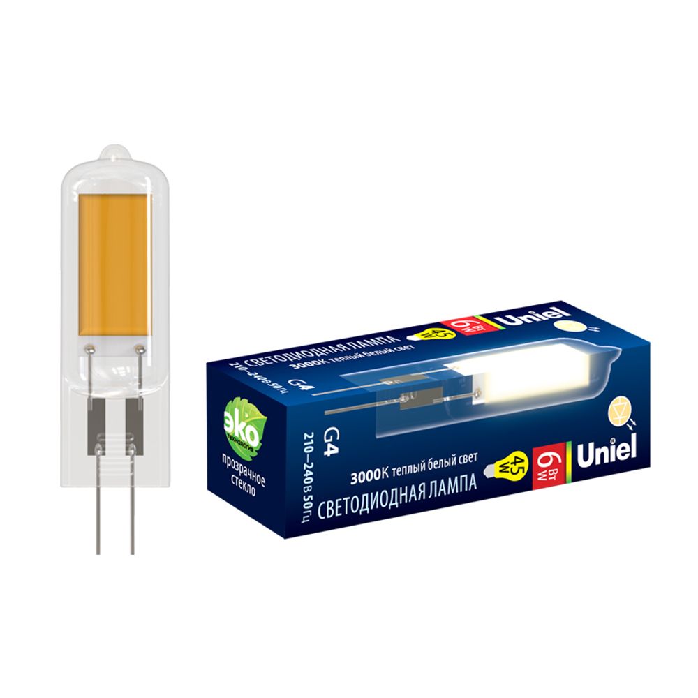 LED-JC-220/6W/3000K/G4/CL GLZ08TR Лампа светодиодная, прозрачная. Теплый белый свет (3000К). Картон. ТМ Uniel.