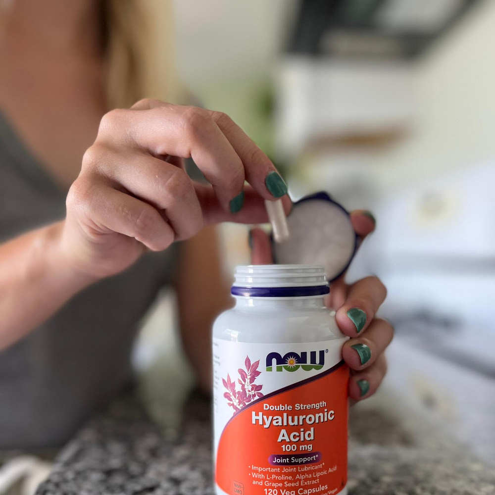 NOW Foods, гиалуроновая кислота с L-пролином, альфа-липоевой кислотой и экстрактом виноградных косточек, 100 мг, 120 растительных капсул