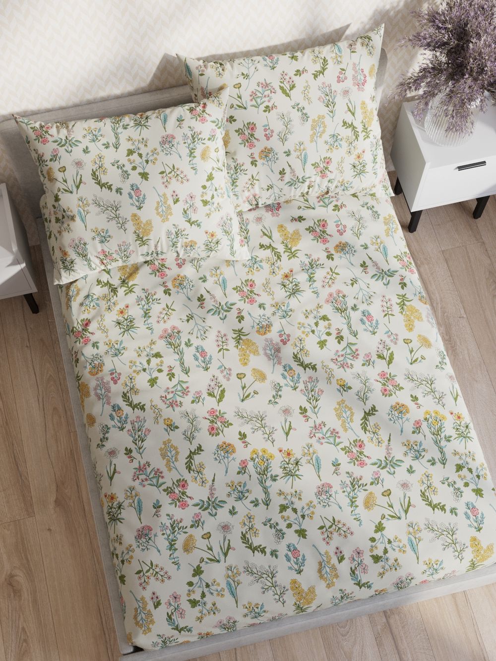 Постельное белье "Botany" евро наволочки 50х70 2шт Простынь на резинке 180х200 см Пододеяльник 200х215 см Сказка сатин