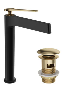 Смеситель для раковины STWORKI Аулум S06020BG матовый черный, матовое золото + донный клапан SD-001GM матовое золото