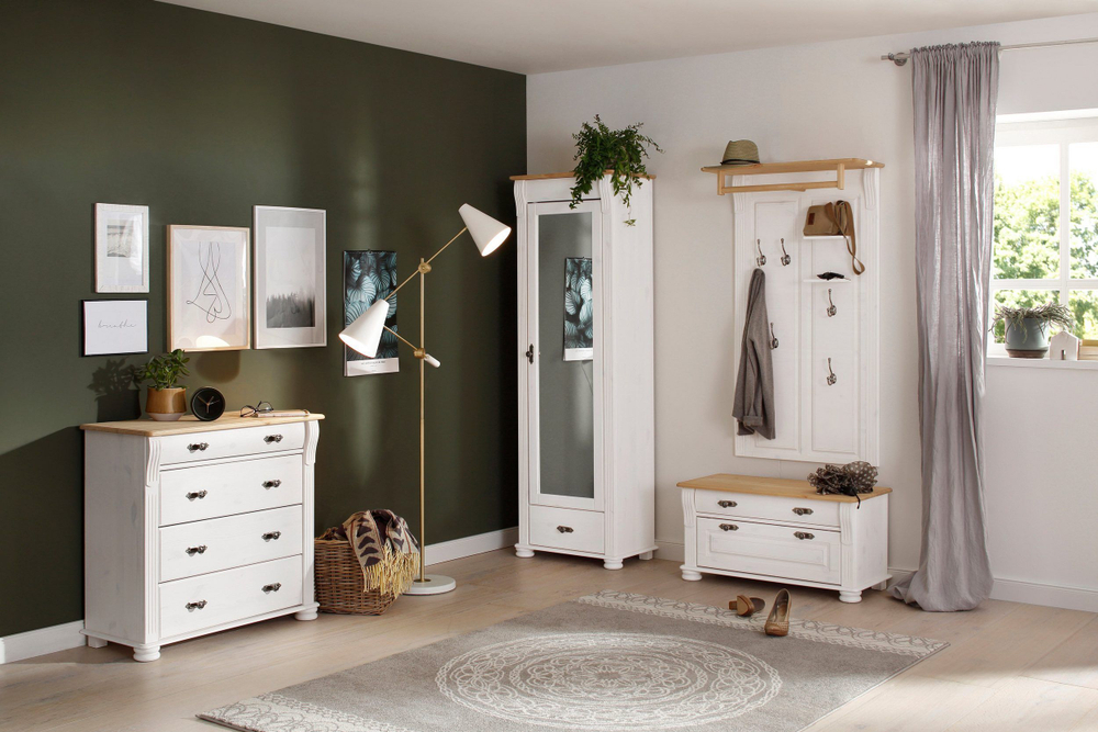 Вешалка настенная для одежды Сюзанна 80х32х140 см из массива сосны, деревянная вешалка в прихожую, белый/антик