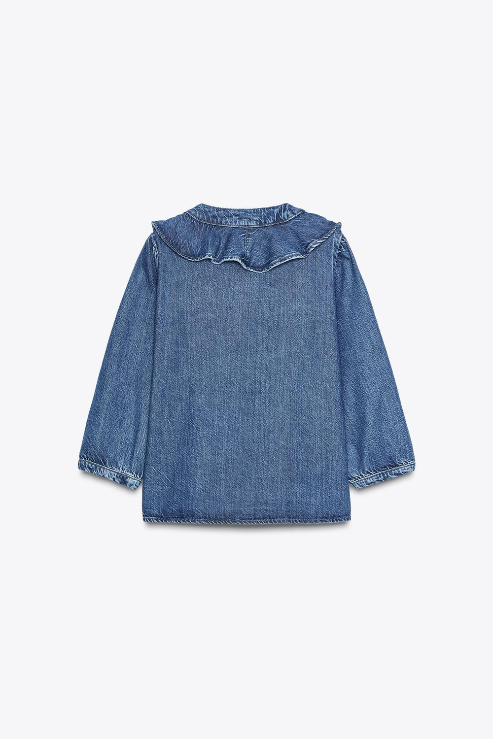 ZARA ДЖИНСОВАЯ РУБАШКА Z1975 С ВОЛАНАМИ, ВЫЦВЕТШИЙ СИНИЙ