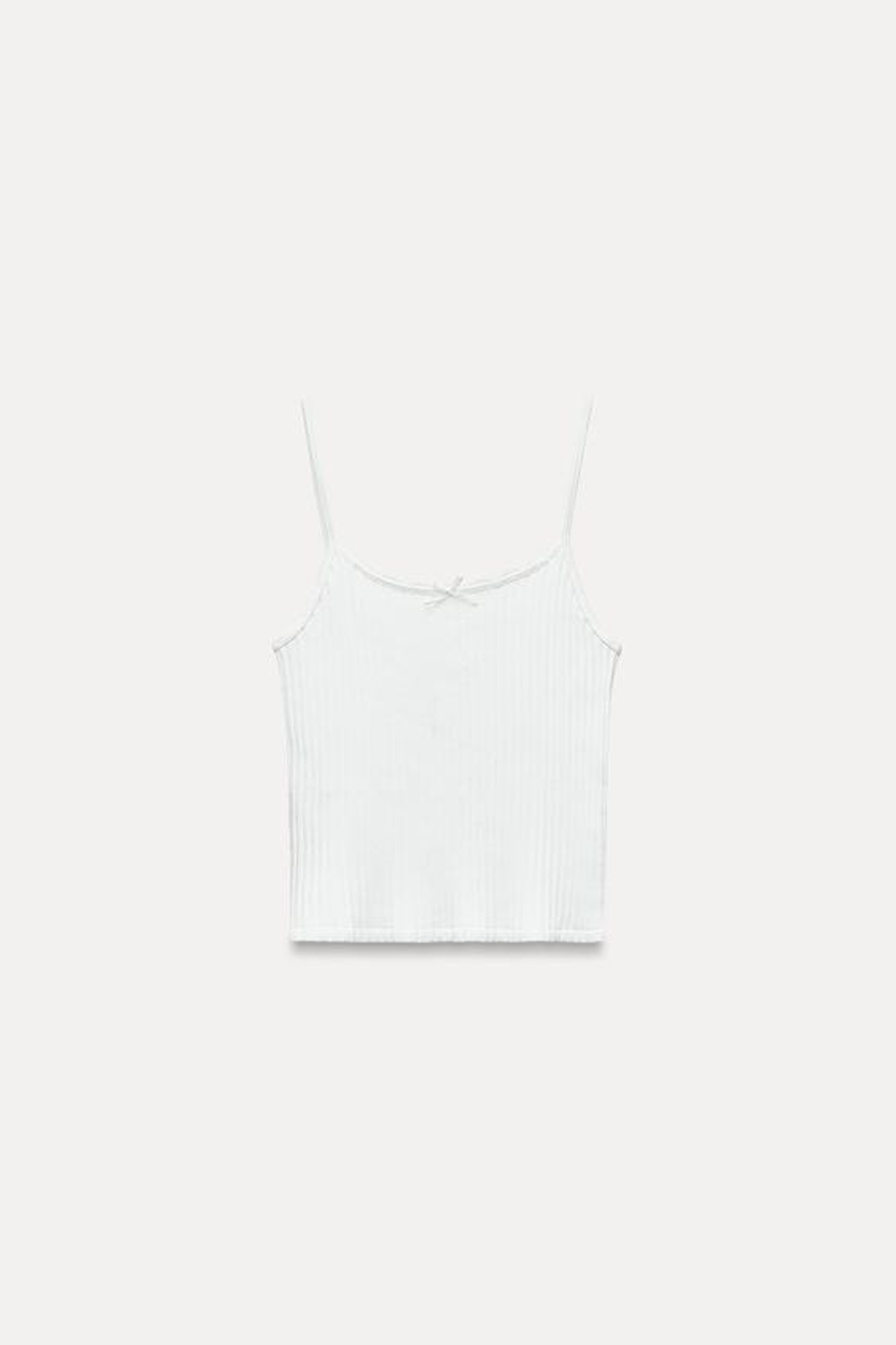 ZARA БЕСШОВНЫЙ КРОП-ТОП В РУБЧИК С БАНТИКОМ, ЖЕЛТОВАТО-БЕЛЫЙ