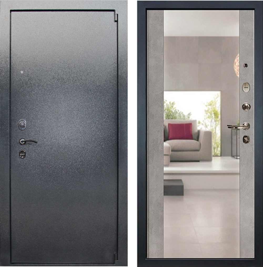 Входная металлическая дверь с зеркалом Лекс 3 БАРК Серый букле  102 Большое зеркало Бетон светлый