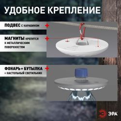 Фонарь кемпинговый светодиодный ЭРА KB-501 НЛО на батарейках с магнитом и карабином походный яркий светильник | Кемпинговые фонари