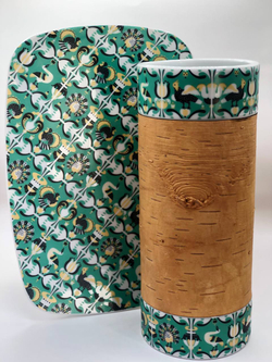 Набор фарфоровой посуды с берестой из 4х изделий (кружка большая, кружка малая, ваза, блюдо). Коллекция  Изразец Коломенское. Птицы. Бревно (Log).