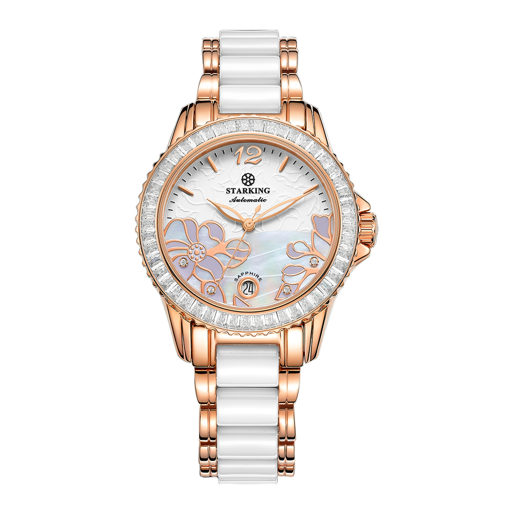 STARKING Bloom Collection Mechanical Movement Ceramic Strap Watch Women"s Watch White Dial