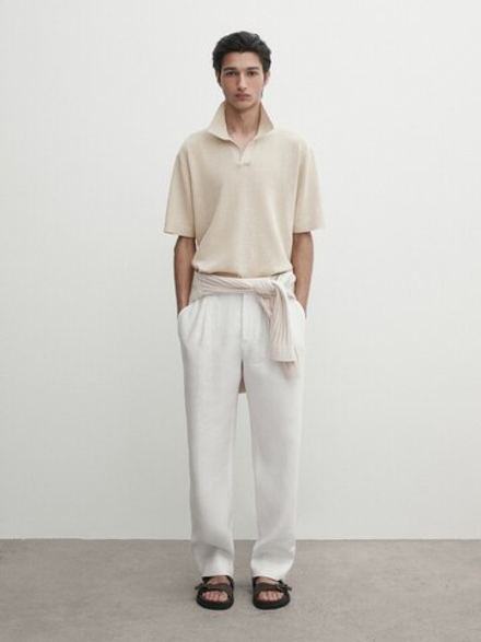 Massimo Dutti Трикотажное поло с короткими рукавами, бежевый