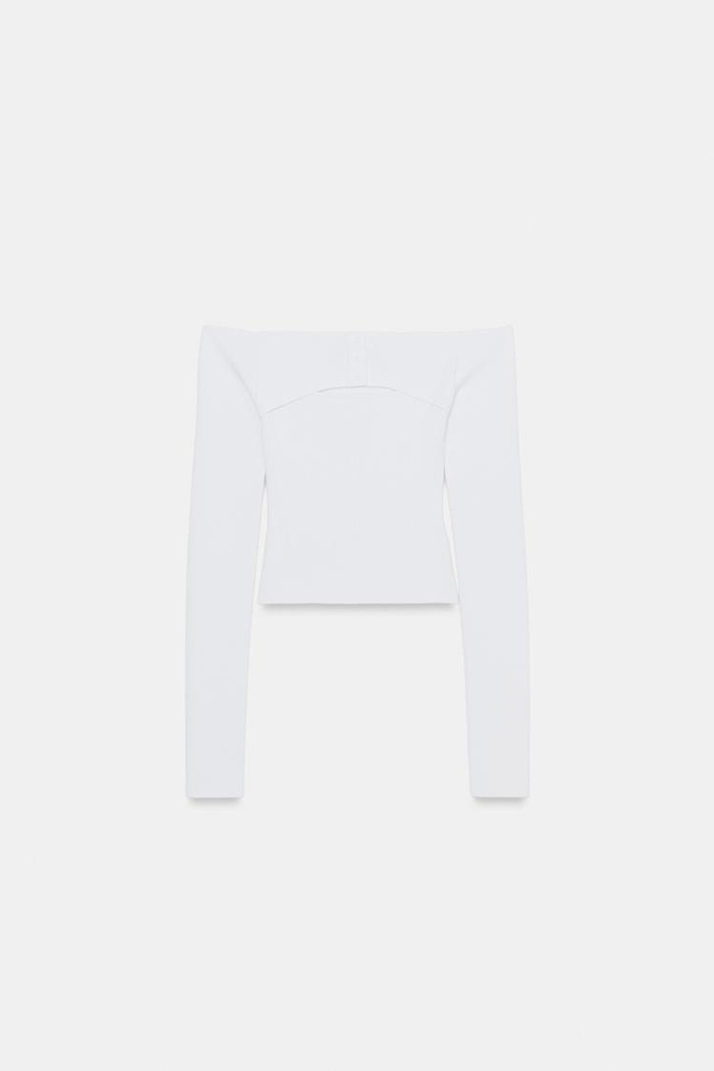 ZARA ПРИТАЛЕННЫЙ ТРИКОТАЖНЫЙ ТОП С ВЫРЕЗОМ, БЕЛЫЙ
