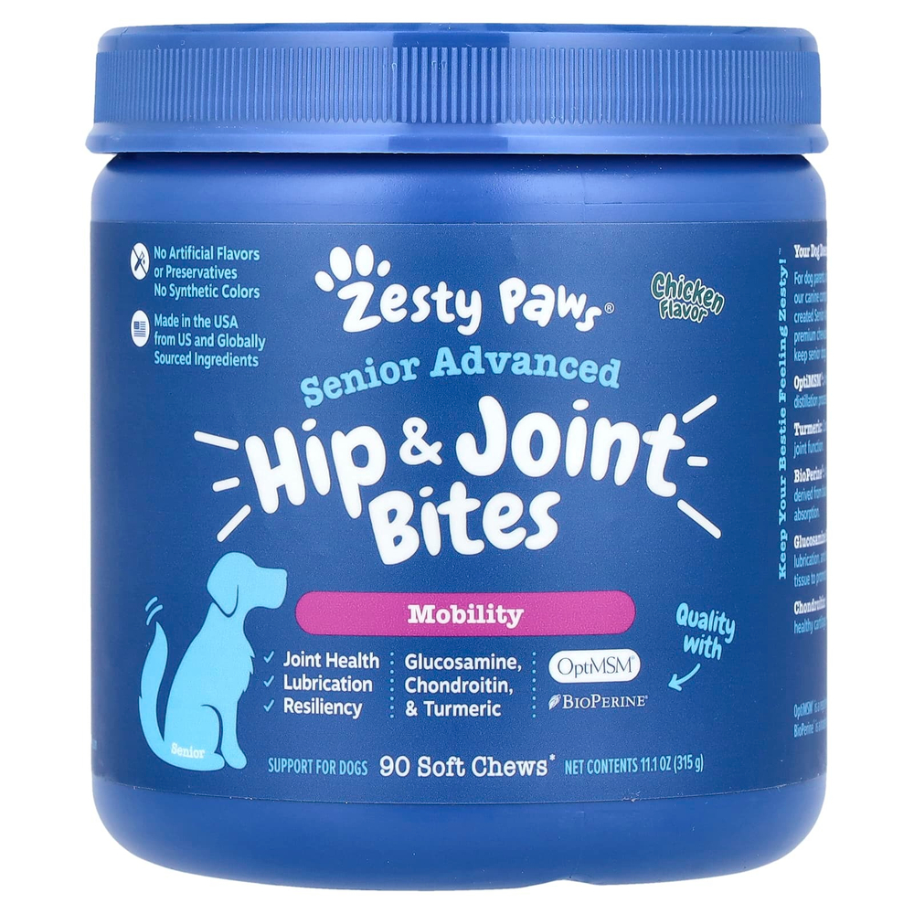 Zesty Paws, Senior Advanced, Bites, добавка для бедер и суставов, со вкусом курицы, 90 жевательных таблеток, 315 г (11,1 унции)