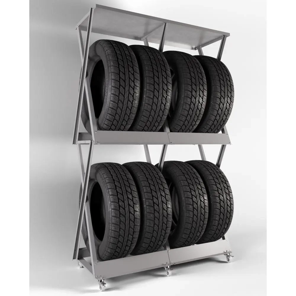 Увеличенный напольный стеллаж для 2-х комплектов широких шин (до 320 мм) серого цвета, мобильная система хранения IF.