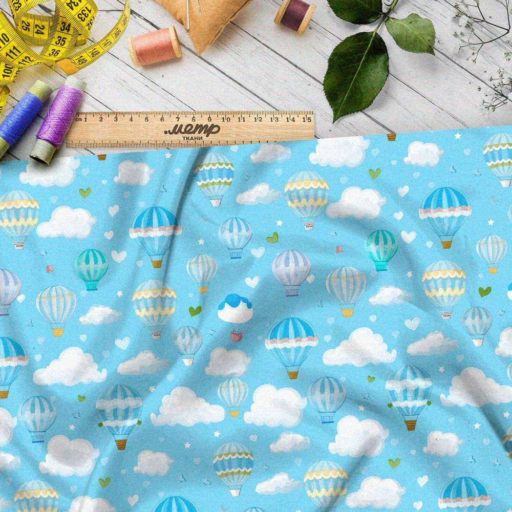 Ткань премиум таффета воздушные шары на голубом