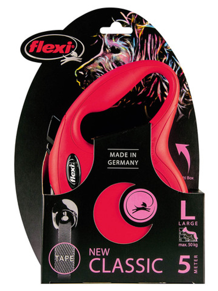 Поводок-рулетка Flexi New Classic L. Лента 5 м. для собак до 50 кг. Красный