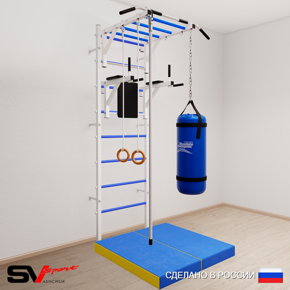 Шведская стенка Sv Sport усиленная 6446 (Турник рукоход/Брусья/Канат/Кольца/Цепь/Мешок 22кг/Мат 1м)