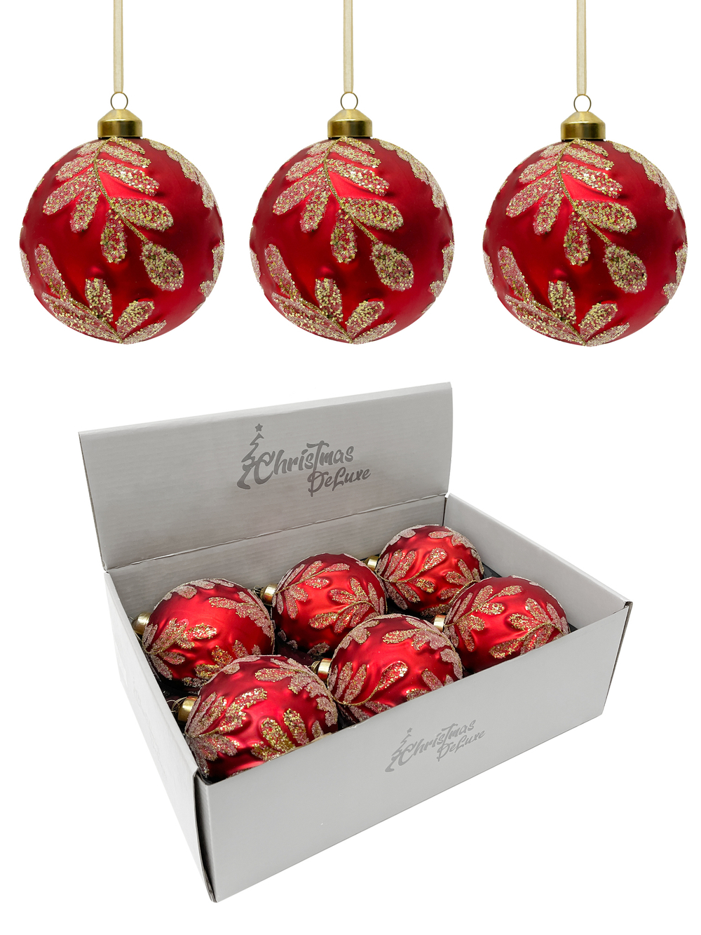 Набор шаров 10см 6шт ChristmasDeLuxe красный с золотой веткой