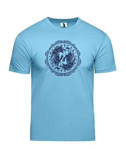 Скандинавская футболка с волком и рунами unisex голубая с синим рисунком